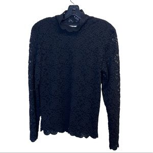 Coldwater Creek Black Lace High Neck  Long Sleeve Knit Top Size Size M